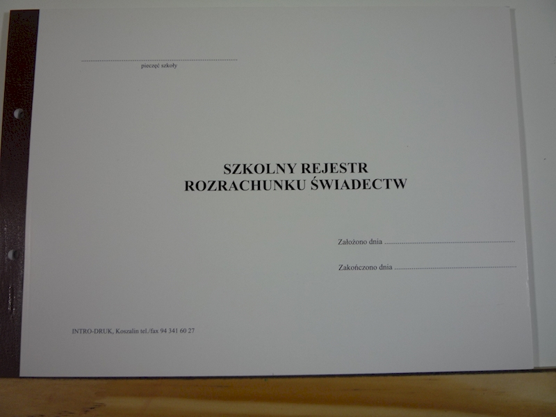 SZKOLNY REJESTR ROZRACHUNKU ŚWIADECTW