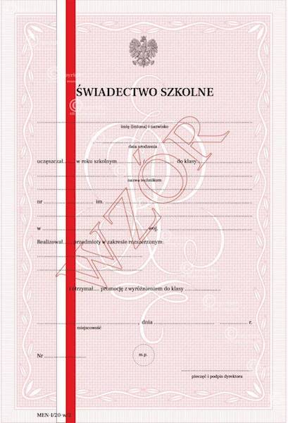 ŚWIADECTWO MEiN-I/20-W/2 DLA UCZNIÓW TECH. Z WYR