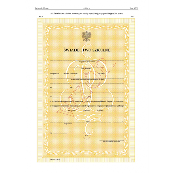 ŚWIADECTWO MEiN-I/28/2 SZKOŁA SPEC. PRZYSP.DO PRA.