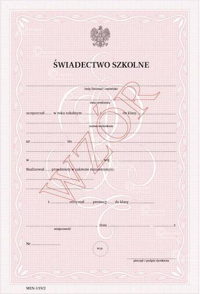 ŚWIADECTWO MEiN-I/19/2 DLA UCZNIÓW TECHNIKUM