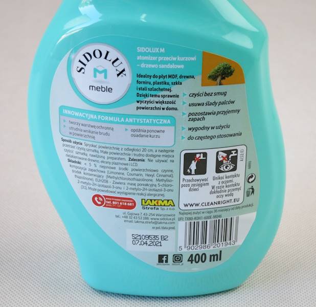 Płyn do czyszczenia mebli MDF plastiku (cena brutto za 1 sztukę) Sidolux 400 ml