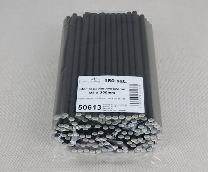 Słomki papierowe czarne 150 sztuk 8mm/20 cm