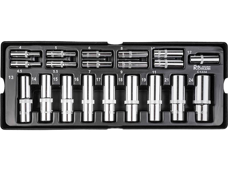 Wkład- nasadki długie 1/4", 1/2" 4-24mm 20 el.