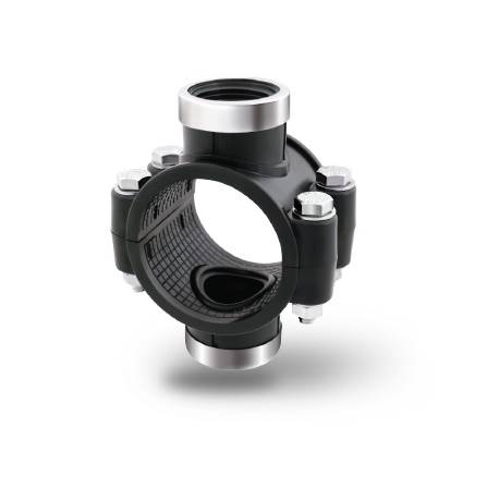 Opaska obejma siodłowa podwójna do rur PE 50 x 3/4 x 3/4" GW