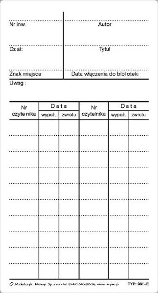 KARTA KSIĄŻKI 1 KPL= 50 SZT. MIP 981-E, B-170 SC