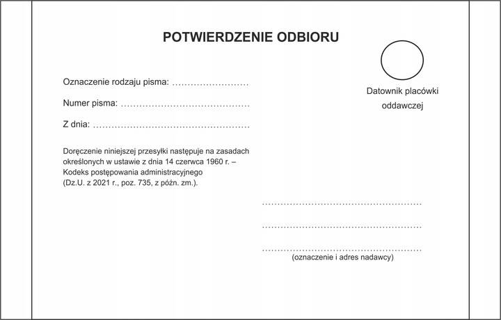 POTWIERDZENIE ODBIORU ZWROTKA BIAŁA KPA OP.100 SC