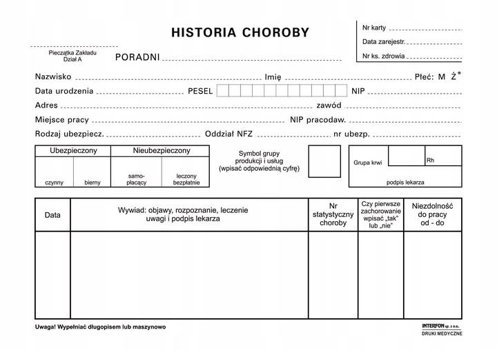 WKŁADKA DO HISTORII CHOROBY A5 
