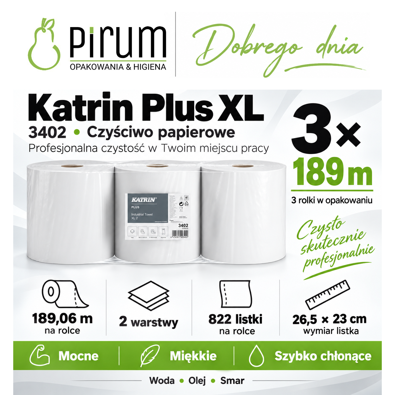 Katrin Plus XL 3402, opakowanie 3 rolek. 189,06 m i 822 listki na rolce, 2 warstwy, listek 26,5 × 23 cm.
