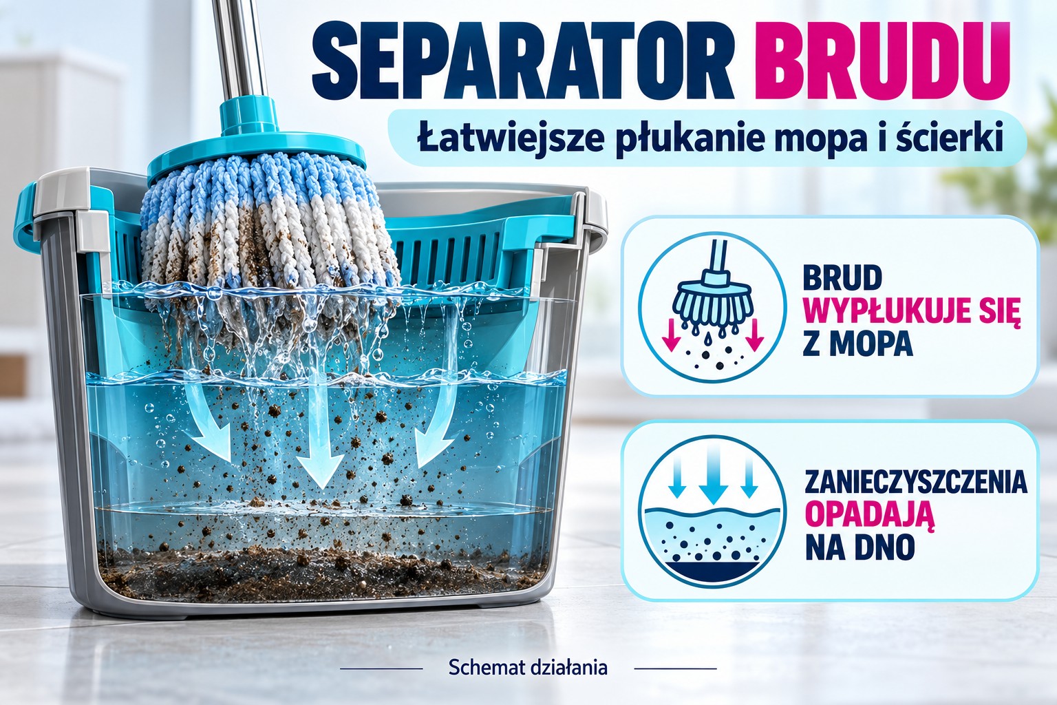 Separator brudu — schemat płukania mopa i opadania zanieczyszczeń