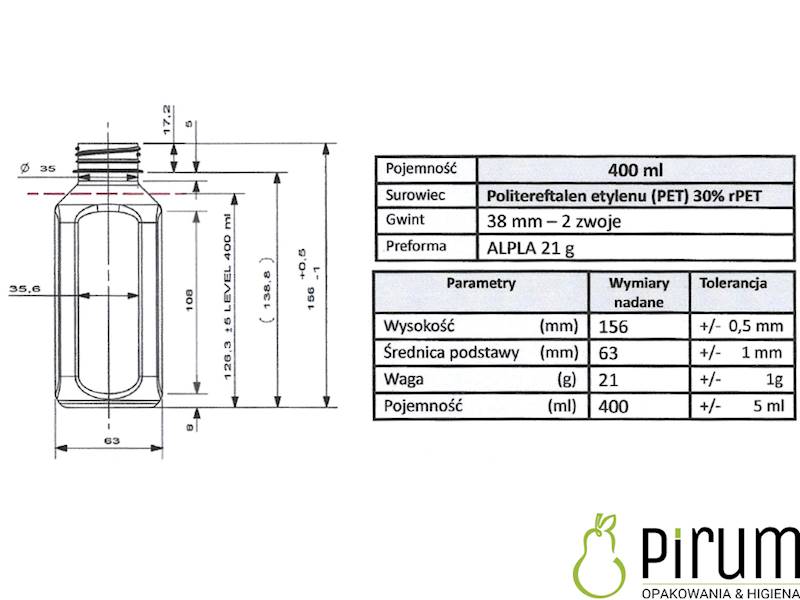 Butelka 400ml Pet Kwadrat + Nakrętka 126 sztuk