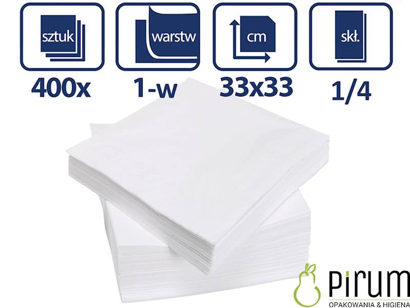Serwetki 1w 33x33cm BIAŁE 1/4 PIRUM 400szt