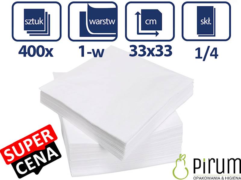 Serwetki 1w 33x33cm BIAŁE 1/4 PIRUM 400szt