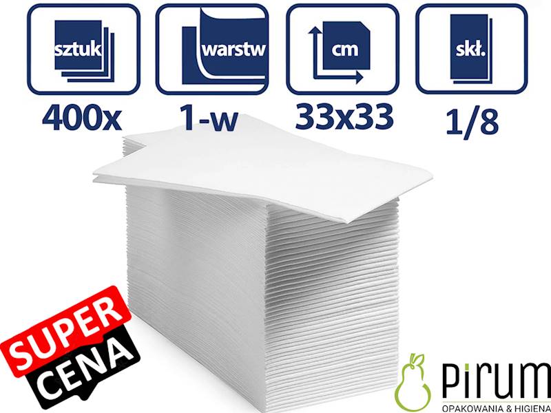 Serwetki 1w 33x33cm BIAŁE 1/8 PIRUM 400szt 