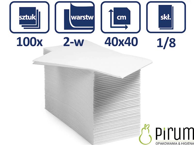 Serwetki 2w 40x40cm BIAŁE 1/8 PIRUM 100szt