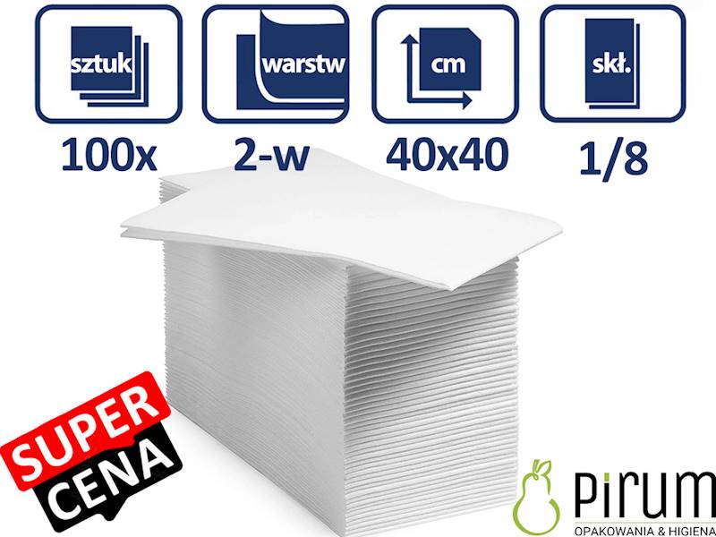 Serwetki 2w 40x40cm BIAŁE 1/8 PIRUM 100szt