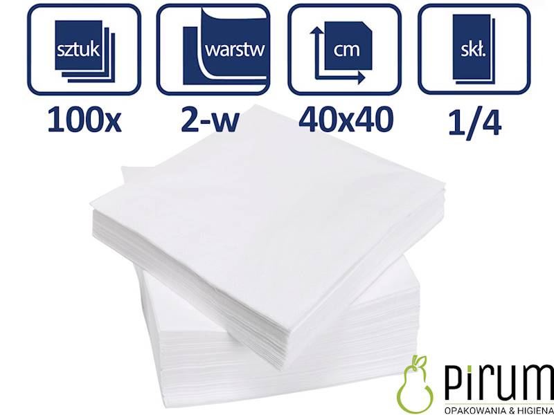 Serwetki 2w 40x40cm BIAŁE 1/4 PIRUM 100szt