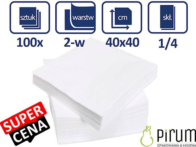 Serwetki 2w 40x40cm BIAŁE 1/4 PIRUM 100szt
