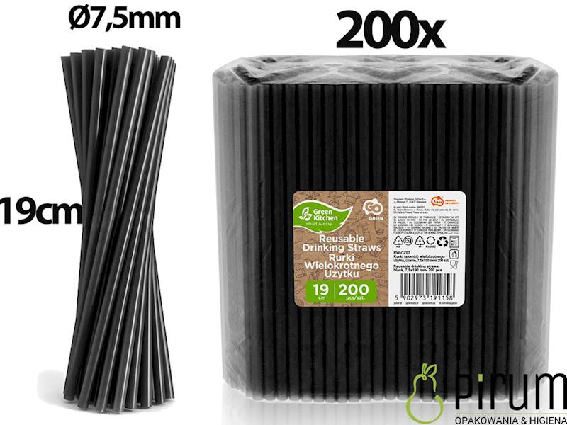 Słomki 7,5x190 PP Proste CZARNE Godan 200szt