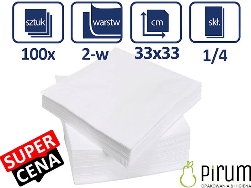 Serwetki 2w 33x33 Białe 1/4 PIRUM 100szt 