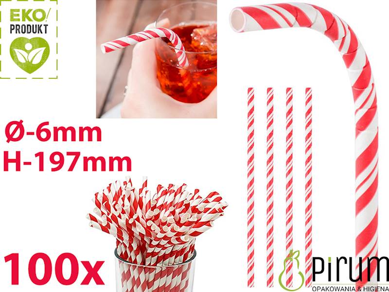 Słomki 6x197 PAP ŁAMANE Czerwone Paski LN 100szt