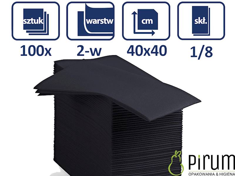Serwetki 2w 40x40cm CZARNE 1/8 PIRUM 100szt