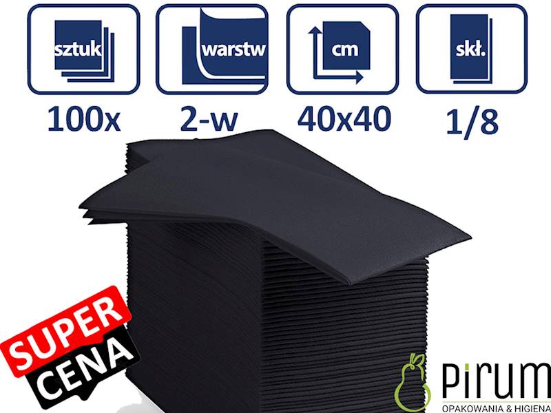 Serwetki 2w 40x40cm CZARNE 1/8 PIRUM 100szt