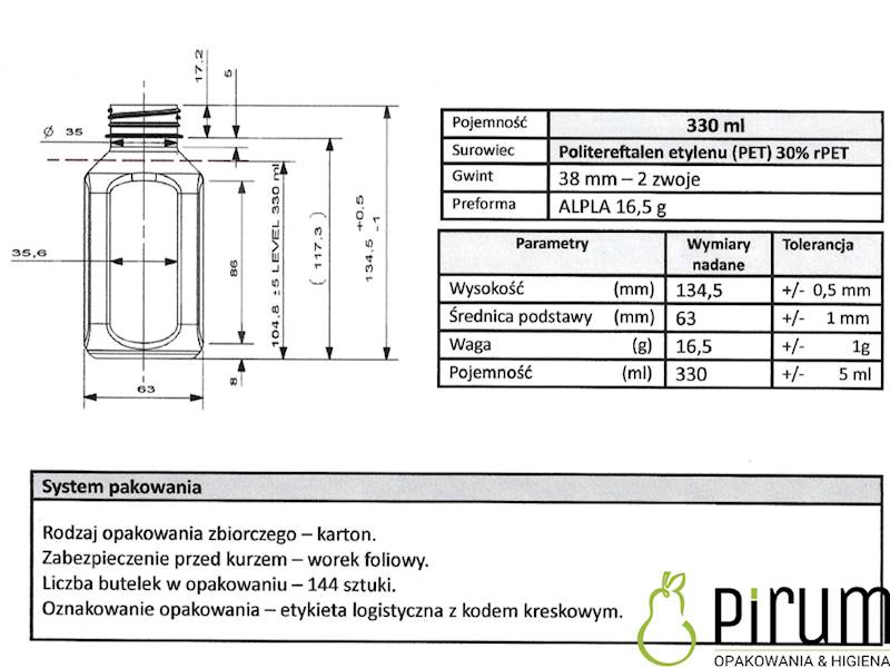 Butelka 330ml PET 13cm/6 Kwadrat + Nakrętka 144szt