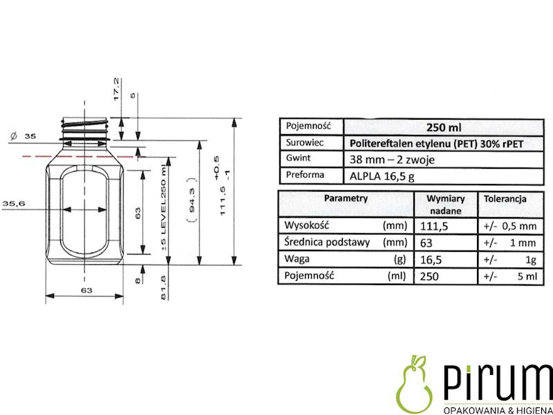 Butelka 250ml I PET 11cm Kwadrat + Nakrętka 180szt