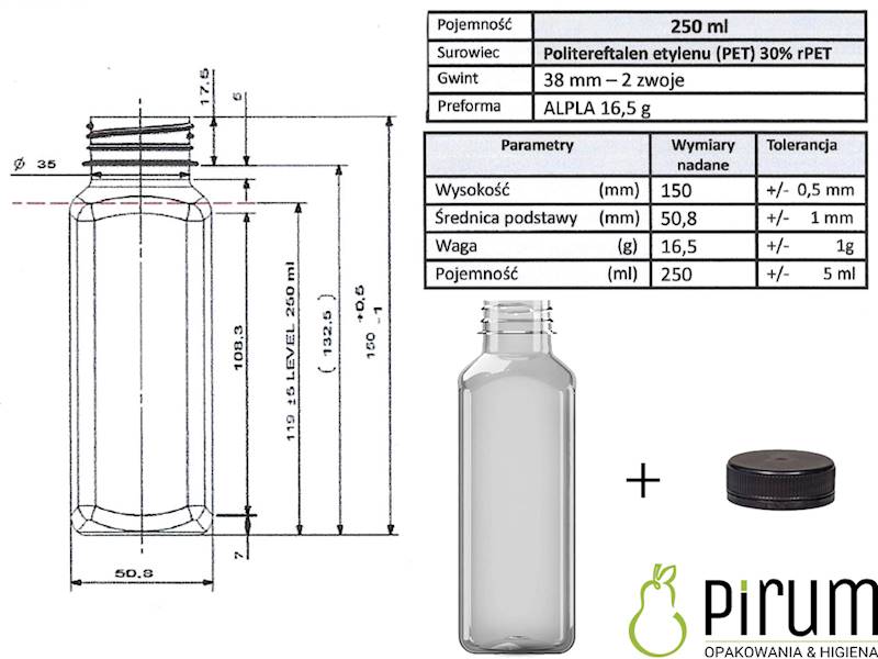 Butelka 250ml II PET 15cm Kwadrat+ Nakrętka 182szt