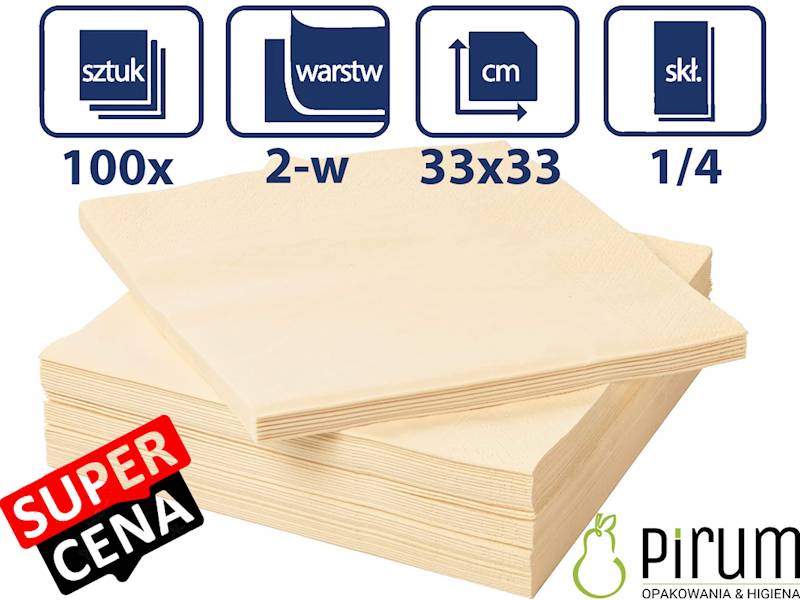 Serwetki 2w 33x33 Krem 1/4 SZAMPAN Pirum 100szt
