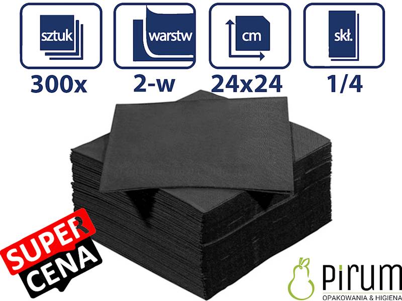 Serwetki 2w 24x24 CZARNE 1/4 BAR Pirum 300szt