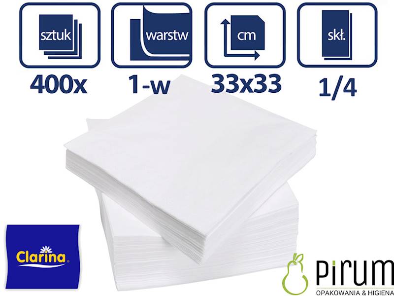 Serwetki 1w 33x33cm BIAŁE 1/4 CLARINA 400szt