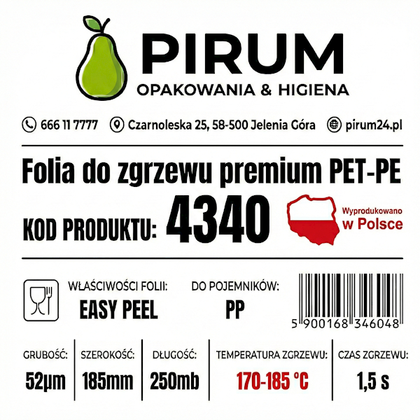 Folia 185mm/250m 52my Zgrzew PP Peel PIRUM 4340