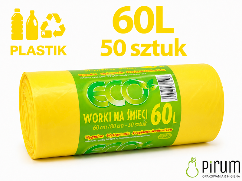 Worki na Odpady 60L LD ZÓŁTE ECO 50szt.