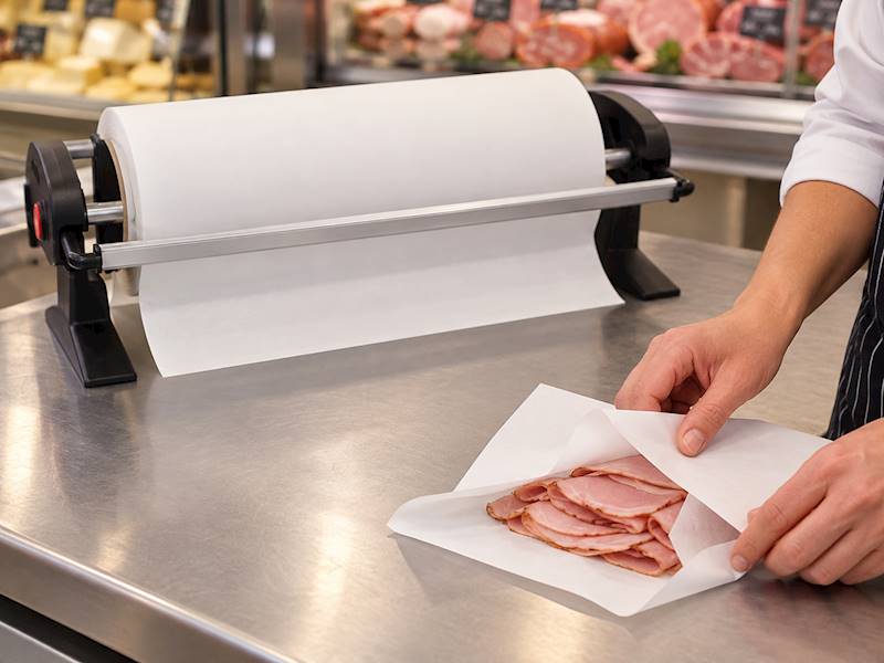 Biała rolka papieru KRAM PE 50 cm w stabilnym odrywaczu blatowym, obok dłonie zawijające plastry wędliny w odcięty arkusz na ladzie sklepu spożywczego