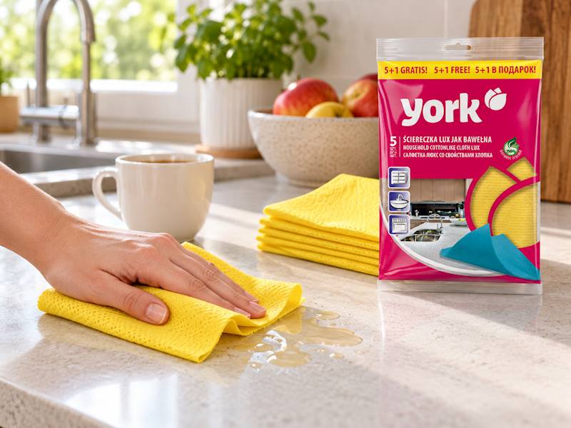 Żółta ściereczka YORK LUX używana do wycierania kuchennego blatu obok złożonych ściereczek i opakowania 5+1