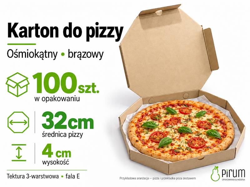 Otwarty brązowy karton ośmiokątny z pizzą na białej przekładce