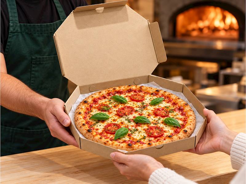 Przekazanie klientowi pizzy w otwartym kartonie ośmiokątnym z białą przekładką