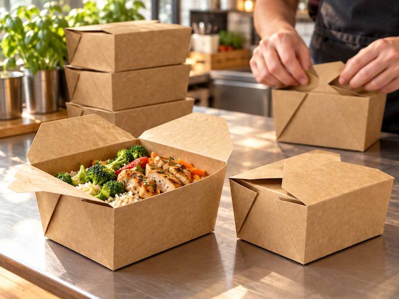 Brązowy Lunch Box KRAM 600 ml z porcją posiłku na wynos, pokazujący wnętrze i składane zamknięcie pudełka