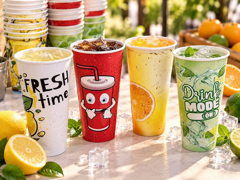 Kolorowe papierowe kubki KRAM FRESH MIX 500 ml z zimnymi napojami przy ladzie gastronomicznej