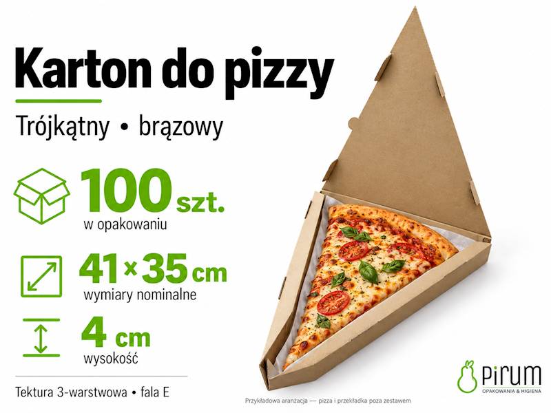 Otwarty karton trójkątny z pizzą na białej przekładce — boki 35/41/41cm, wysokość 4cm