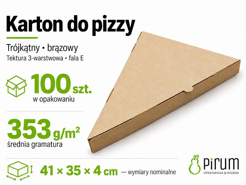 Zamknięty brązowy karton trójkątny — boki 35/41/41cm, wysokość 4cm, tektura 3-warstwowa z falą E