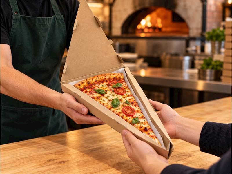 Wydawanie klientowi kawałka pizzy w kartonie trójkątnym na przekładce — bok przy zawiasie 35cm, dwa ramiona po 41cm, wysokość 4cm