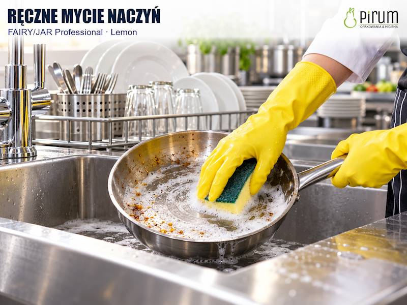 Przykładowe ręczne mycie patelni w profesjonalnej kuchni przy użyciu gąbki i roztworu myjącego