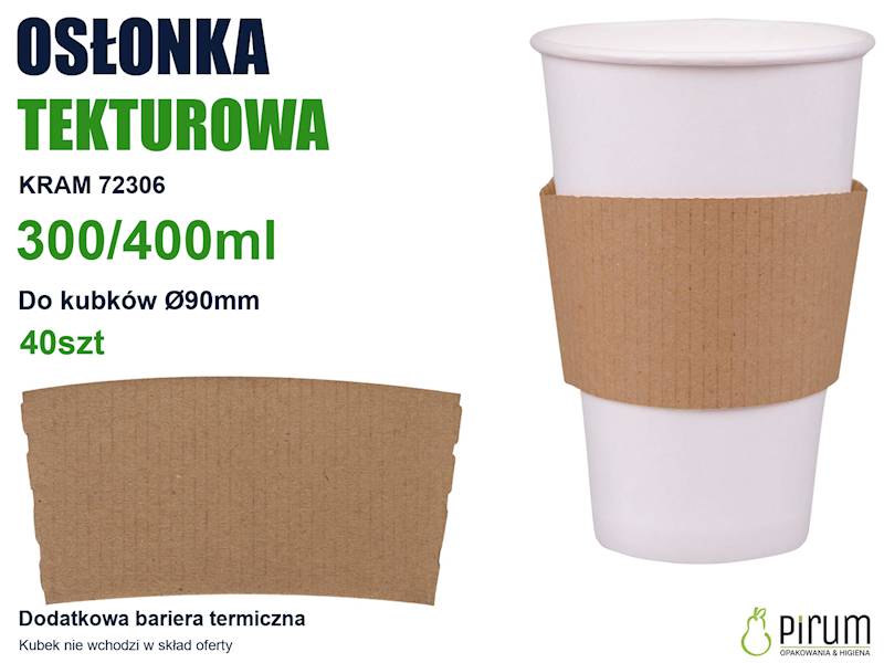 Ochraniacz termiczny KRAM pokazany osobno i na kubku, z parametrami 300/400ml, rant kubka Ø90mm oraz 40szt w ofercie