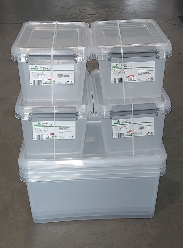 Pojemniki Clipbox: 4x 40l z kolkami, 4x zestaw 2xclipbox 15,5l Keeeper