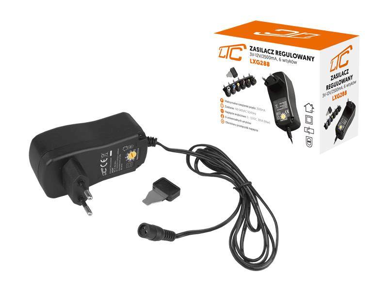 Zasilacz regulowany 3-12V / 2500mA 6 wtyków