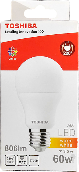 Zarówka LED TOSHIBA E27 A60 8,5W 806lm. WW 