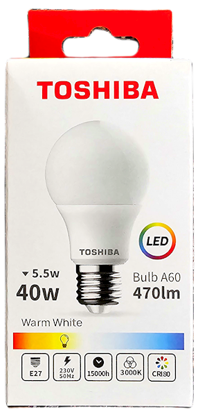 Zarówka LED TOSHIBA E27 A60 5,5W 470lm. WW 