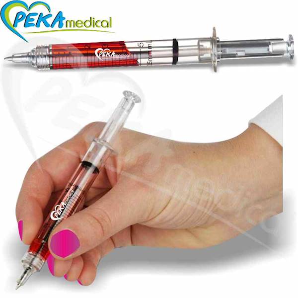 PEKAmedical Długopis strzykawka czerwony z niebieskim wkładem
